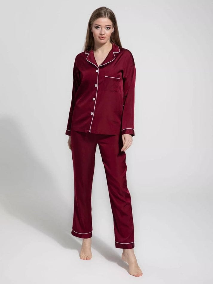 Silky Maroon Silk Night Suit Turn Down Collar Long Sleeves