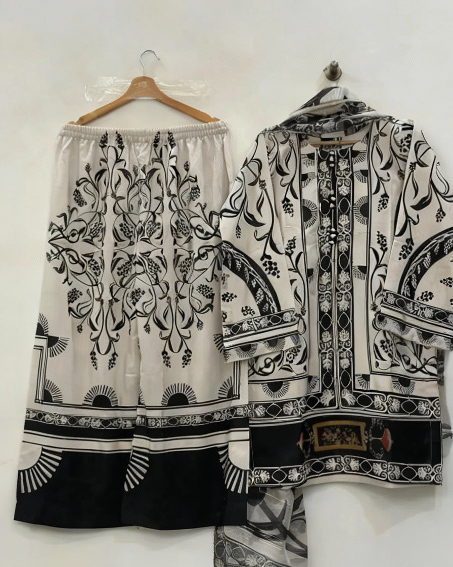 Stylish Black Printed Suit Set with Dupatta