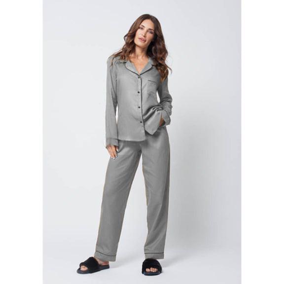 Silky Grey Silk Night Suit Turn Down Collar Long Sleeves