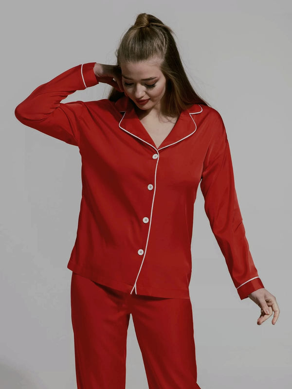 Silky Red Silk Night Suit Turn Down Collar Long Sleeves