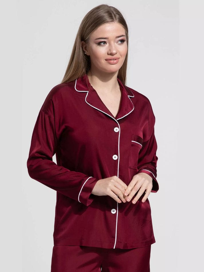 Silky Maroon Silk Night Suit Turn Down Collar Long Sleeves