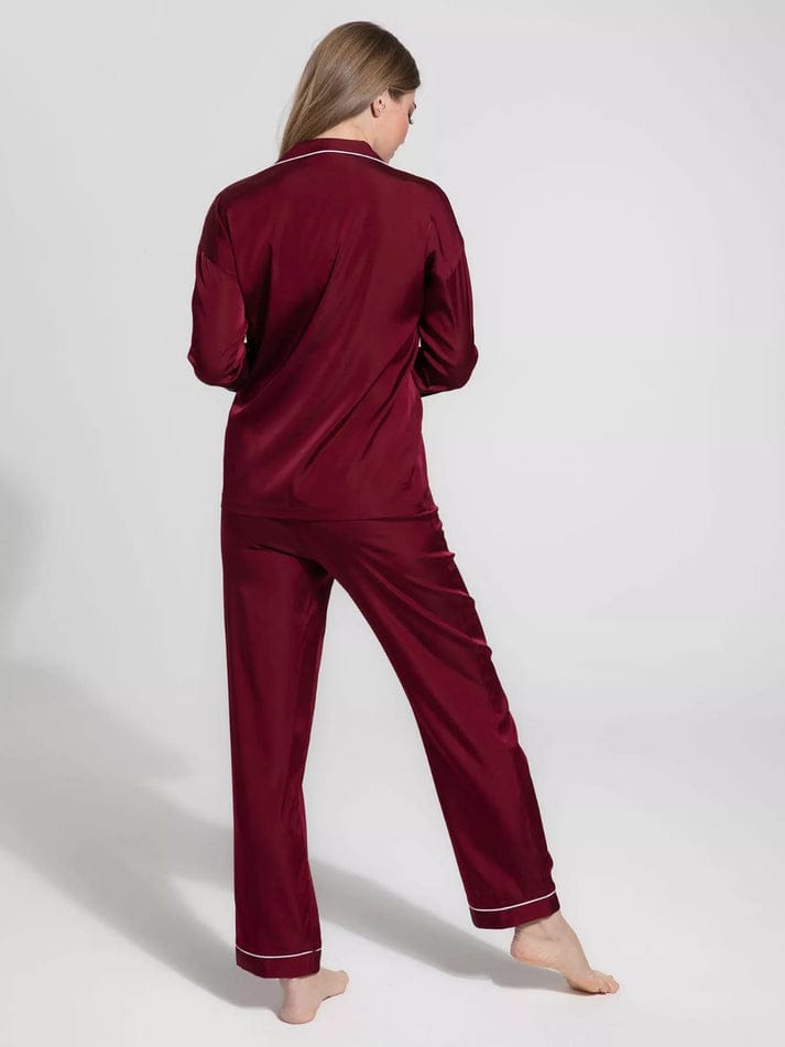 Silky Maroon Silk Night Suit Turn Down Collar Long Sleeves