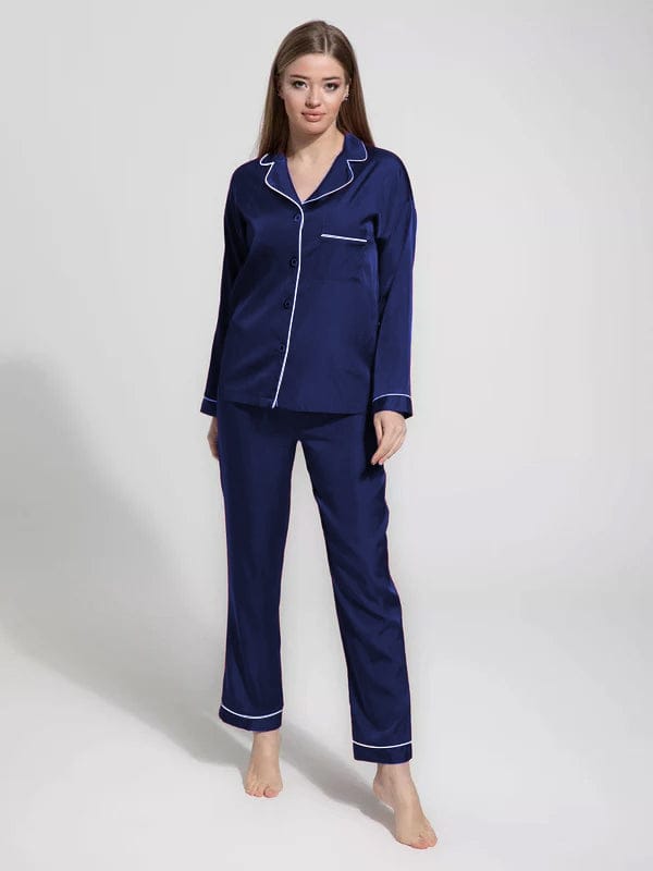 Silky blue Silk Night Suit Turn Down Collar Long Sleeves