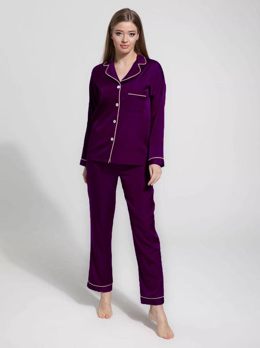 Silky PURPLE Silk Night Suit Turn Down Collar Long Sleeves