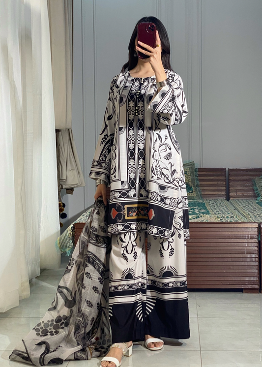 Stylish Black Printed Suit Set with Dupatta