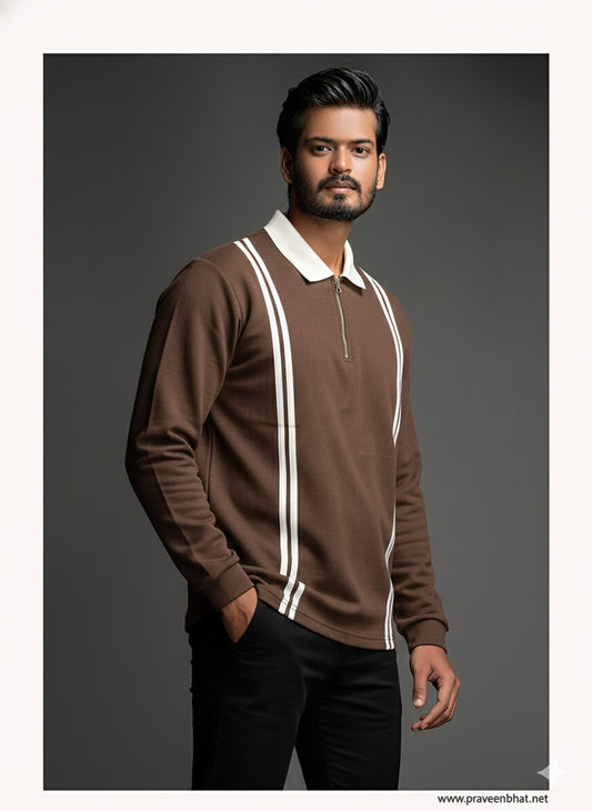 Brown White Color Blocked Polo T-Shirt
