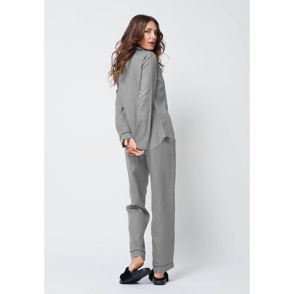 Silky Grey Silk Night Suit Turn Down Collar Long Sleeves