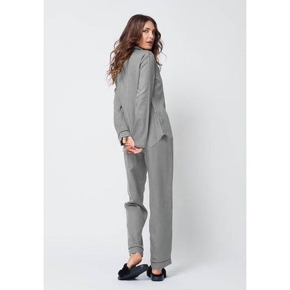Silky Grey Silk Night Suit Turn Down Collar Long Sleeves