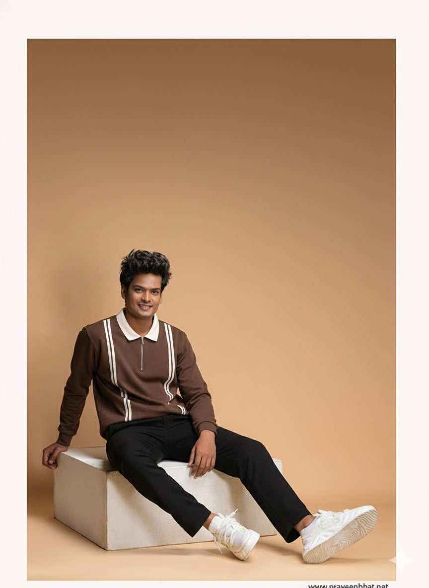 Brown White Color Blocked Polo T-Shirt