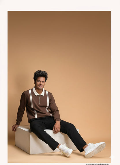 Brown White Color Blocked Polo T-Shirt