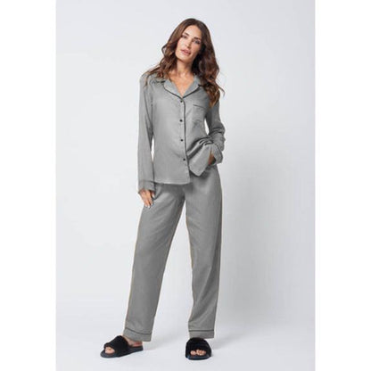 Silky Grey Silk Night Suit Turn Down Collar Long Sleeves