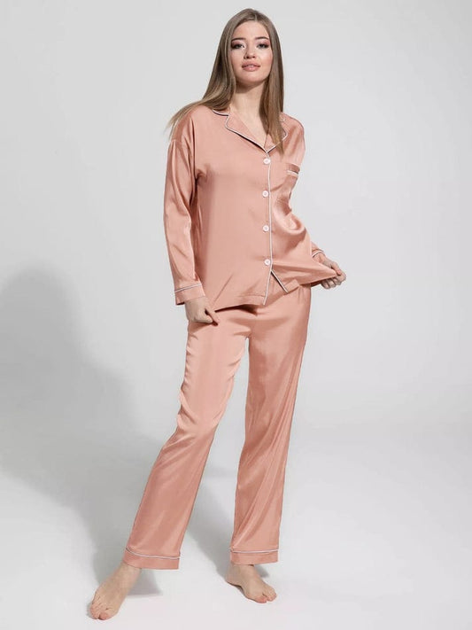 Silky DUSTY ROSE Silk Night Suit Turn Down Collar Long Sleeves