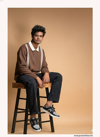 Brown White Color Blocked Polo T-Shirt