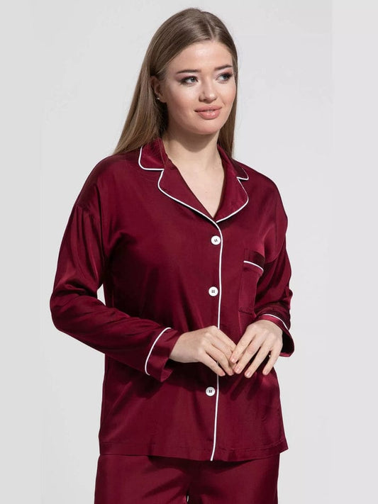 Silky Maroon Silk Night Suit Turn Down Collar Long Sleeves