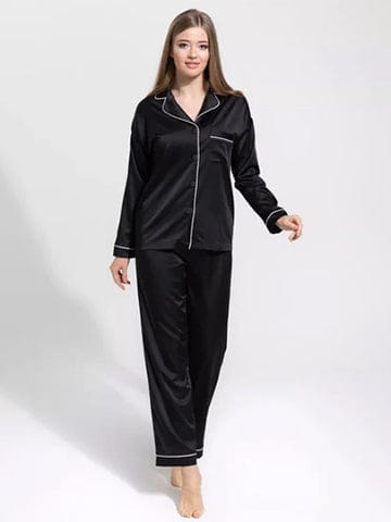 Silky blue Silk Night Suit Turn Down Collar Long Sleeves