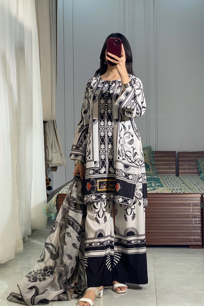 Stylish Black Printed Suit Set with Dupatta