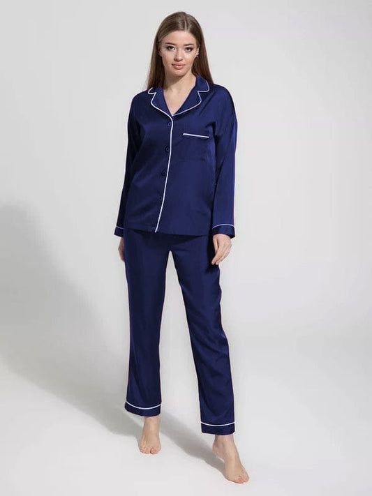 Silky blue Silk Night Suit Turn Down Collar Long Sleeves