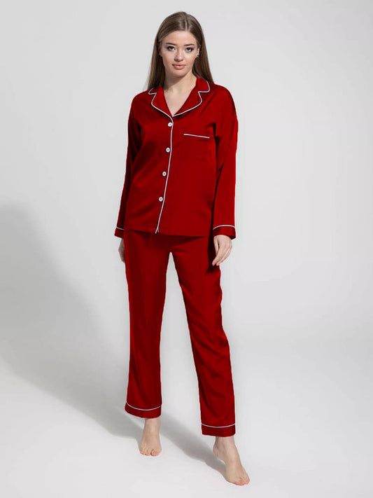Silky Red Silk Night Suit Turn Down Collar Long Sleeves